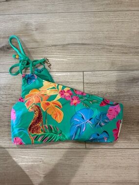 Seafolly Turquoise Tropical One-Shoulder Bikini Top with Floral & Leopard Print